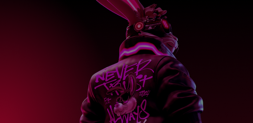 Rückenansicht BreachBunny Hase mit Jacke "Never trust always verify"