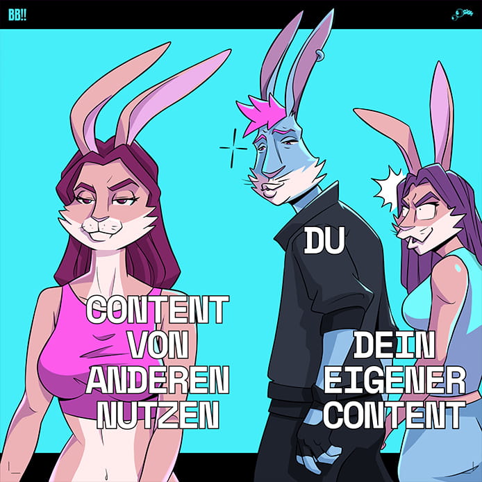 Hase schaut einer Häsin hinterher, seine eigene Häsin schaut eifersüchtig