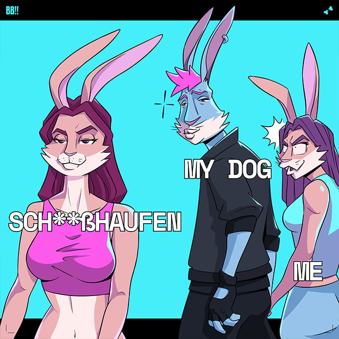 Hase schaut einer Häsin hinterher, seine eigene Häsin schaut eifersüchtig