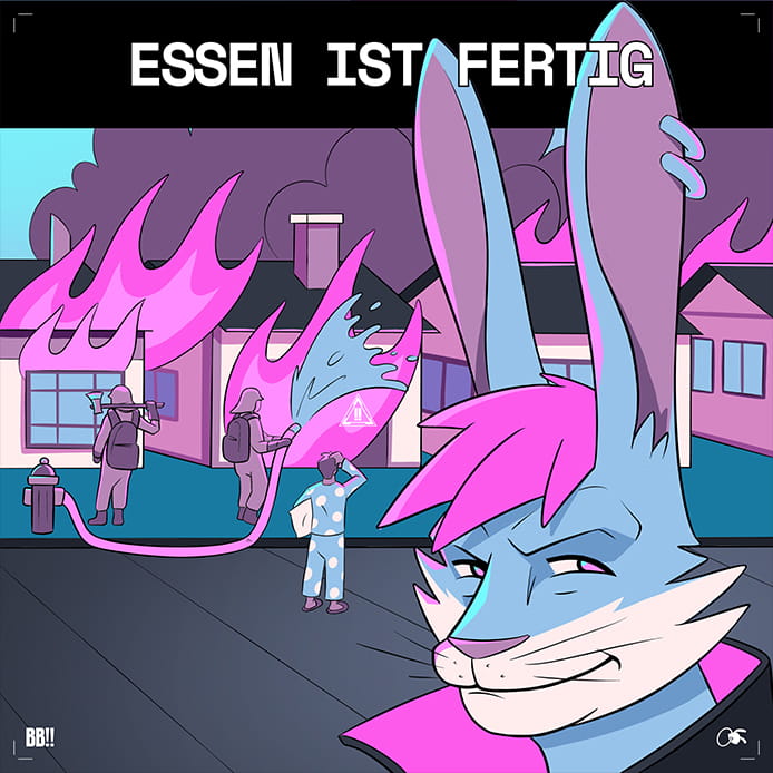 Hase schaut zufrieden, hinter im brennen Häuser