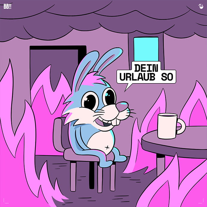 Hase sitzt am Tisch mit Kaffeetasse und Raum brennt