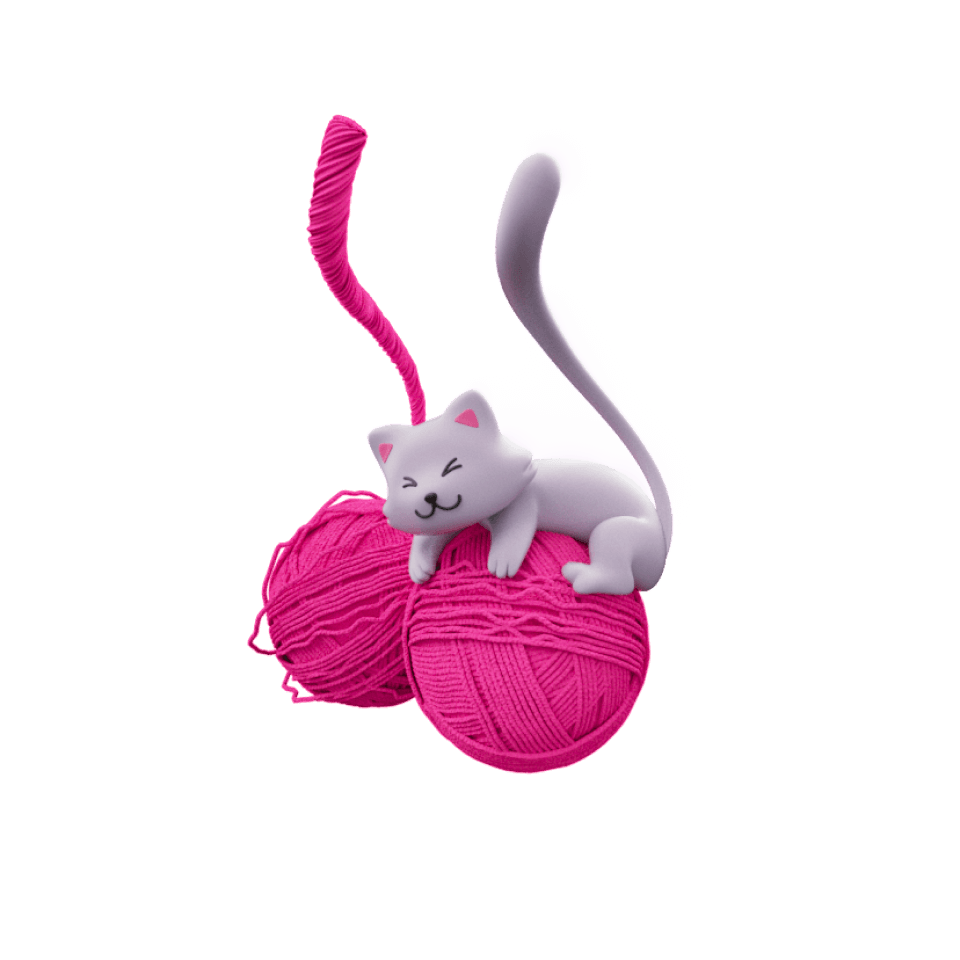Graue Katze auf pinkem Wollknäuel 