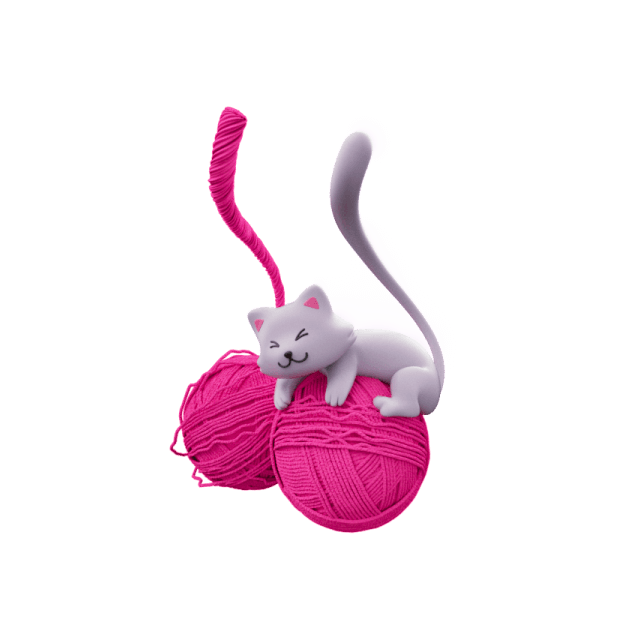 Graue Katze auf pinkem Wollknäuel 