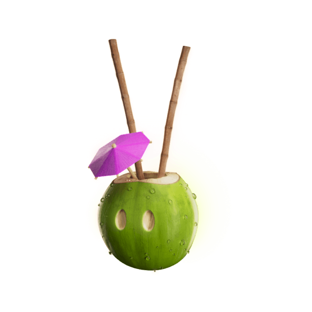 Kokosnuss mit pinkem Strandschirm